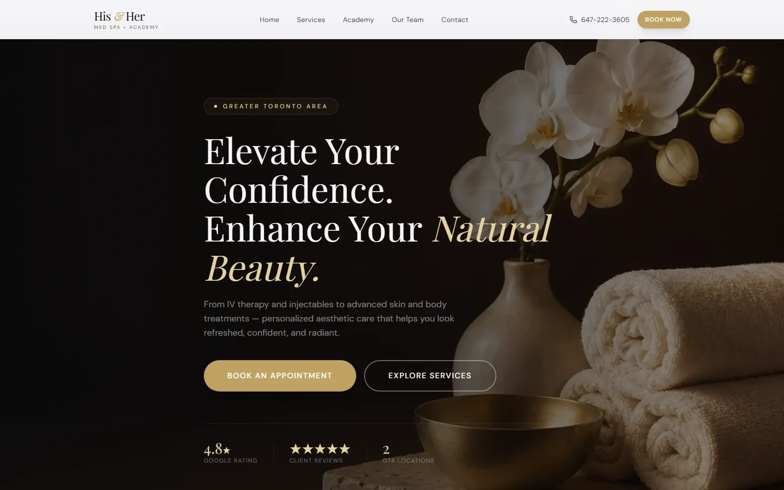 Homepage of the His & Her Med Spa website — white orchids and spa towels on black, with gold booking buttons and a serif headline.